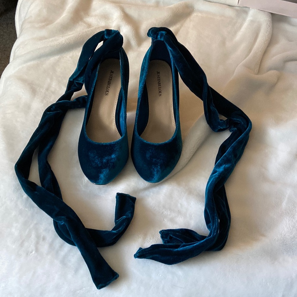 Just fab teal velvet lace up pumps